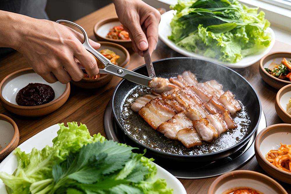 A Korean tabletop grill with pork belly, lettuce wraps and small side dishes